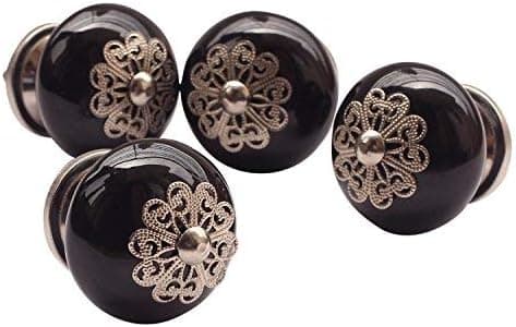 ABHANDICRAFTS - Set of 4 Black Hand Painted Ceramic Round knobs Cabinet Drawer Handles pulls