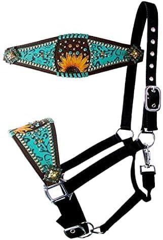 Showman Bronc Halter w/Painted Sunflower Accent & Teal Filigree Inlay, Average Full Size Horse