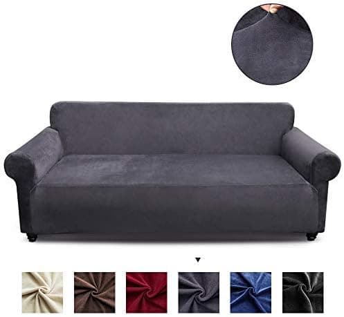 MIULEE Stretch Sofa Cover, Velvet Couch Cover, Fitted Sofa Slipcover, Furniture Protector Washable for Pets and Kids (Sofa,Grey)