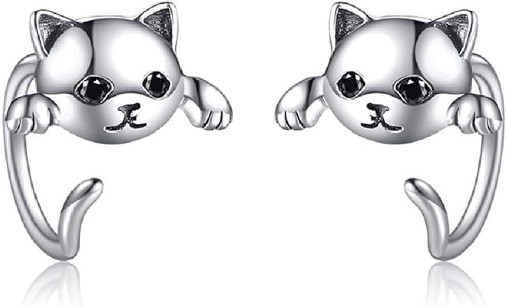 Cat Earrings Silver Animal Kitty Cat Half Huggie Hoop Earrings Cat Jewelry Gifts for Women Girls