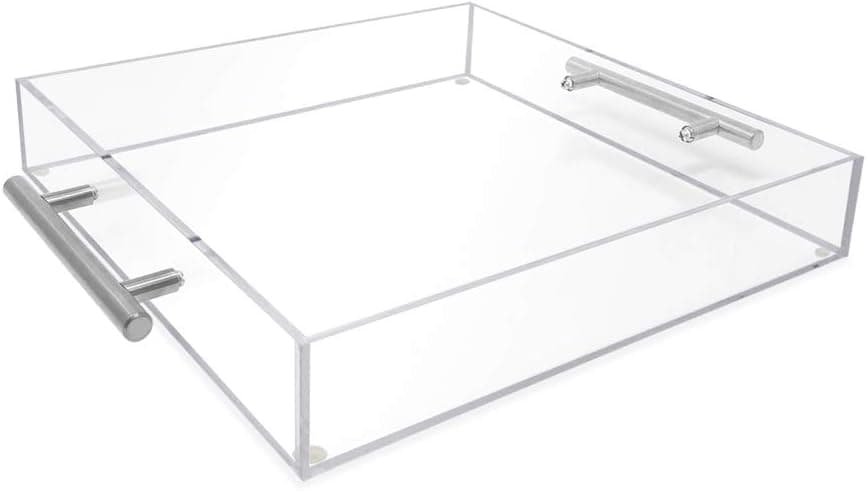 Isaac Jacobs Clear Acrylic Serving Tray (12x12) with Silver Metal Handles, Spill-Proof, Stackable Organizer, Food & Drinks Server, Indoors/Outdoors, Lucite Storage (12x12, Clear with Silver Handle)