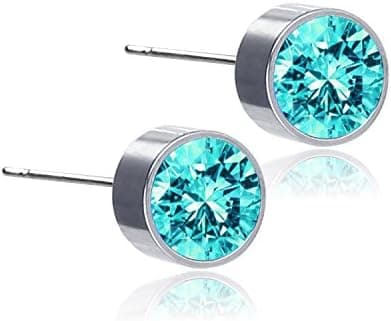Sterling Silver Round Zirconia Studs Simulated Birthstone Stud Earrings for Women Men (Light Blue)