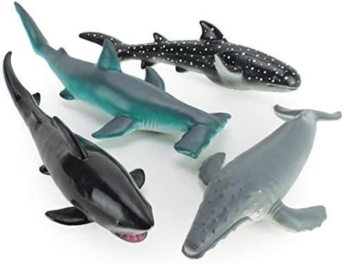Boley 4 Piece Soft Whale and Shark Figure Toys - Realistic Humpback Whale, Hammerhead, Great White, and Whale Shark Figurines - Educational Ocean Creature Toys for Kids, Children, Toddlers