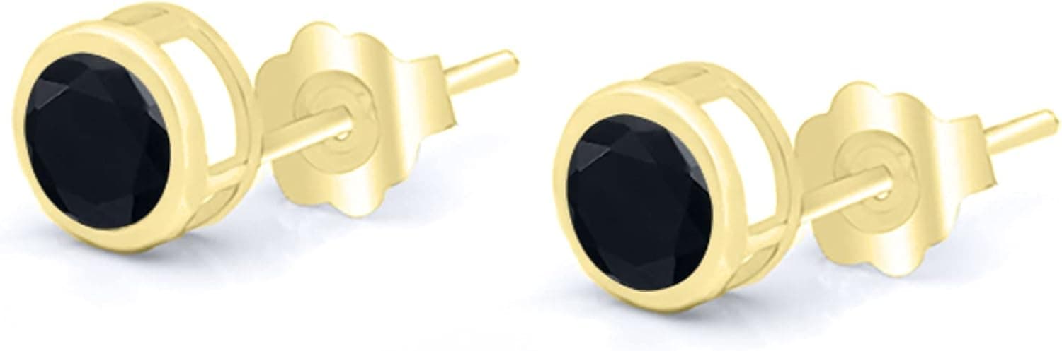 Gem Stone King 0.92 Ct Round 5mm Black Onyx 14K Yellow Gold Stud Earrings