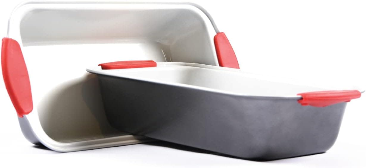 Stone & Clay & Large Loaf Pan - Carbon Steel Non-Stick Bakeware with Removable Silicone Handles - Perfect for Pound Bread Loaves, Cakes, Meatloaf (11.75''x6''x2.5'') Grey/Red/White