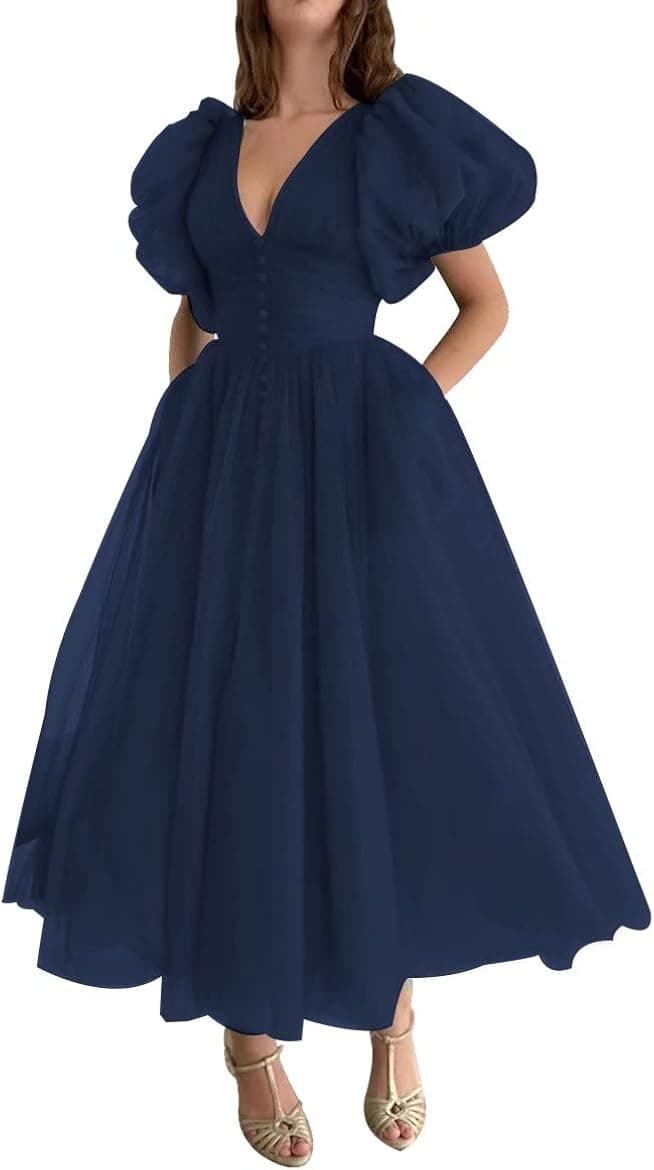 Xijun Puffy Sleeve Prom Dresses for Women Dotted Tulle V Neck Formal Evening Party Gowns Tea Length
