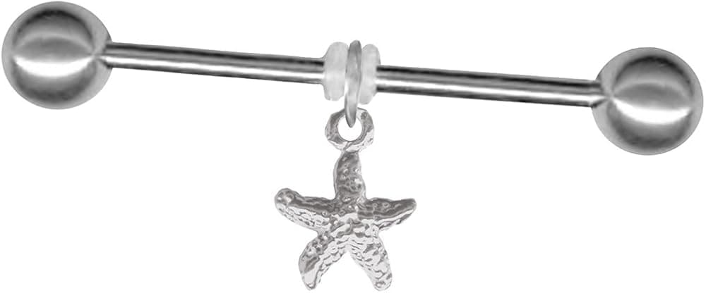 BodySparkle Body Jewelry Industrial Barbell-14 gauge Tiny Starfish Dangle Steel Industrial Bar-14g 1.5 in.