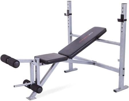 Home Gym Strength Mid-width Weight Exercise Barbell Bench | Fitness Equipment Includes a Leg Extension, Adjustable Uprights and a 2 Position Back Pad