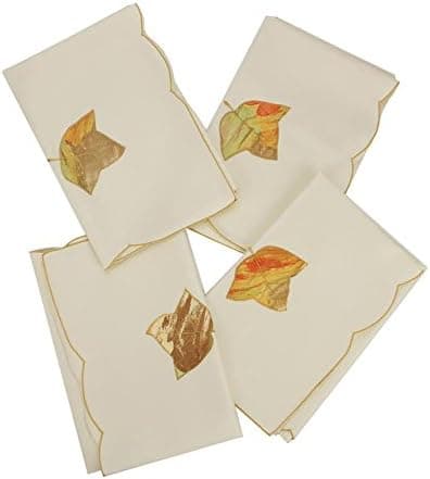 Heritage Lace Set of 4 Autumn Elegance Embroidered Fine Linen Fall Leaf Napkins 21" x 21"
