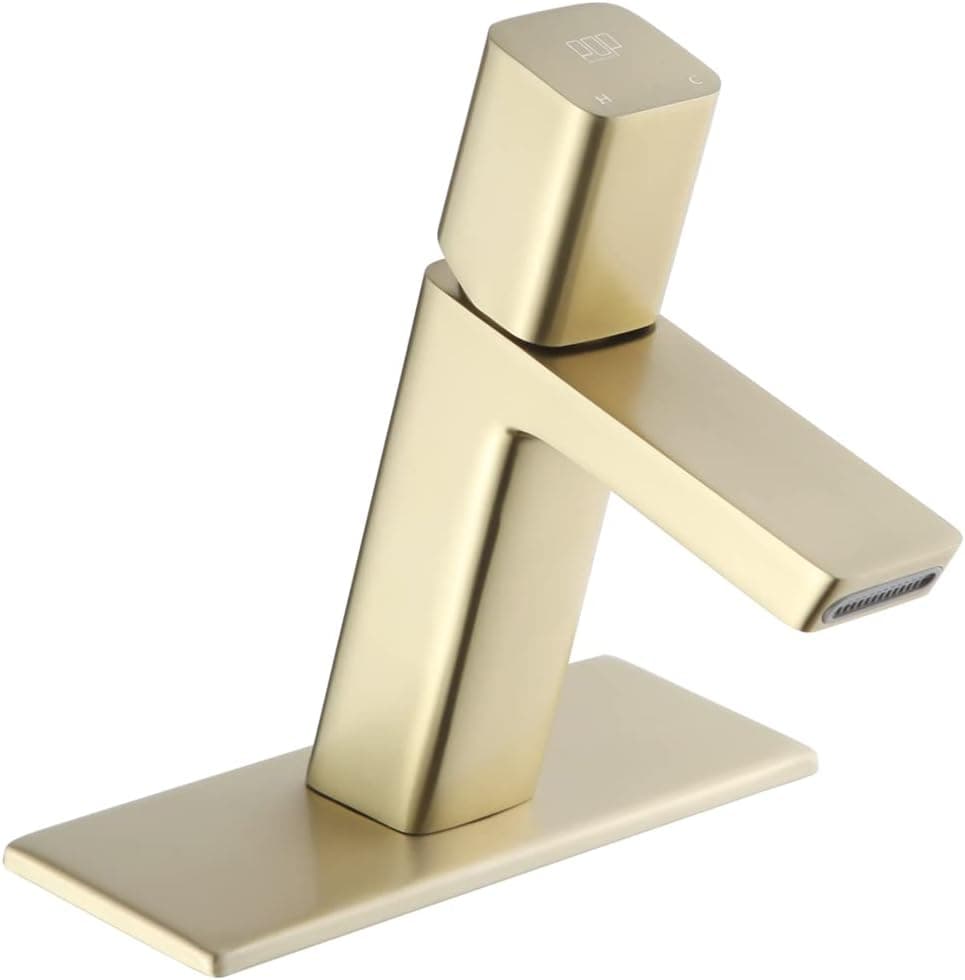 POP SANITARYWARE Waterfall Bathroom Sink Faucet with Deck Plate Brushed Gold Bathroom Faucets for Sink 1 or 3 Hole, Single Handle Solid Brass Bathroom Lavatory Faucet