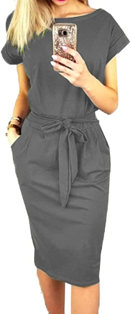 Miselon Womens Summer Tshirt Dress Striped Short Sleeve Work Tie Waist Dresses with Pockets
