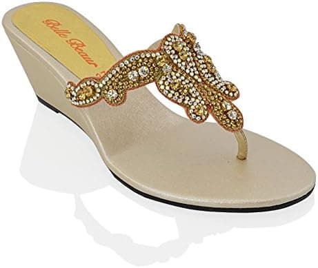 ESSEX GLAM Womens Slip On Sandals Toe Post Sparkly Diamante Synthetic Dressy Low Wedge Heel Mule