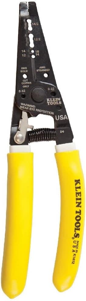 Klein Tools K1412 Wire Cutter / Wire Stripper, Dual NM Cable Stripper / Cutter Cuts Solid Copper Wire, Strips 12 and 14 AWG Solid Wire