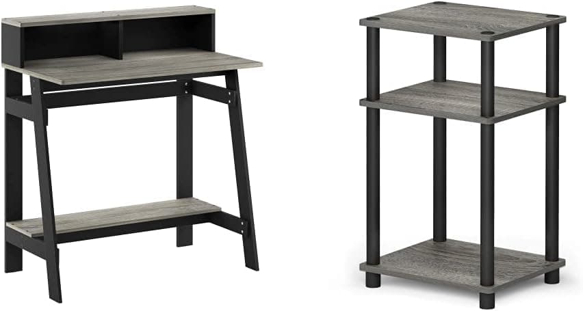 Furinno Simplistic A Frame Computer Desk, Black/French Oak Grey & Just 3-Tier Turn-N-Tube End Table/Side Table/Night Stand/Bedside Table with Plastic Poles, 1-Pack, French Oak Grey/Black