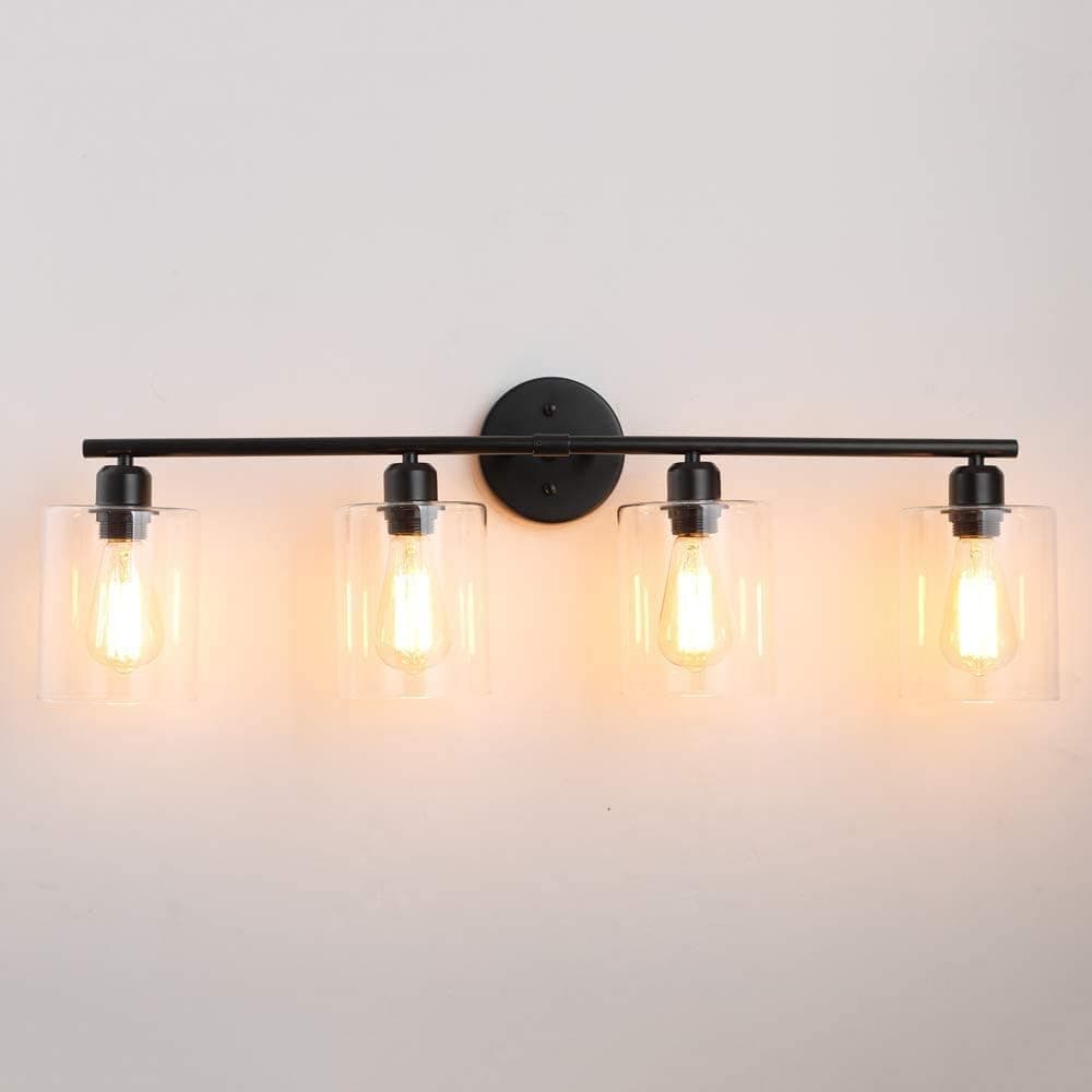 WishStern Large 4-Lights Bathroom Vanity Light Fixtures, Matte Black Bathroom Wall Lights, Modern Bathroom Lighting Fixtures with Clear Glass Shade, Farmhouse Bathroom Wall Lamp Lighting for Bathroom