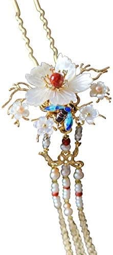 Handmade Shell Pearl Hairpin Hair Clip Tassel Hair Sticks Pins Picks Chignon Vintage Decor Chinese Traditional Style Party Daily Fit for Chinese Dress Hanfu Removable (L: 11 cm)