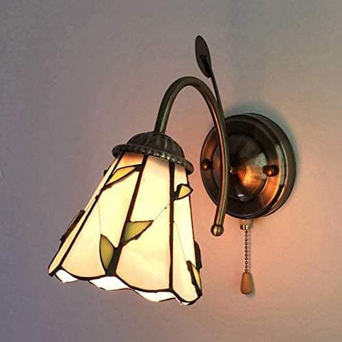 LITFAD Tiffany Brass Wall Light Cone 1 Light Stained Glass Wall Sconce with Pull Chain Decorative Wall Lamp for Bedroom Hotel Restaurant - Leaf