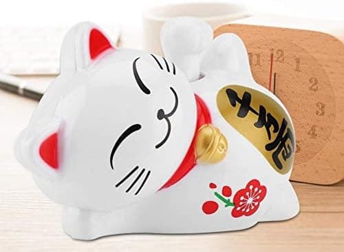 FTVOGUE Solar Powered Maneki Neko LuckyCat Fortune Welcoming Waving Arm Paw Up Lazy Lying Wealth Fortune Cat Home Stores Car Feng Shui Decor White(02)