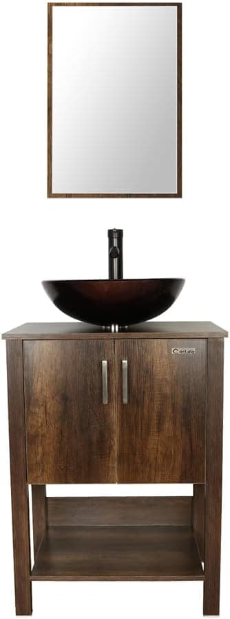 eclife 24” Bathroom Vanity Sink Combo Brown Cabinet Modern Stand Pedestal W/Vessel Sink, Bathroom Solid Brass Faucet and Pop Up Drain Combo, W/Mirror (A09B12C)