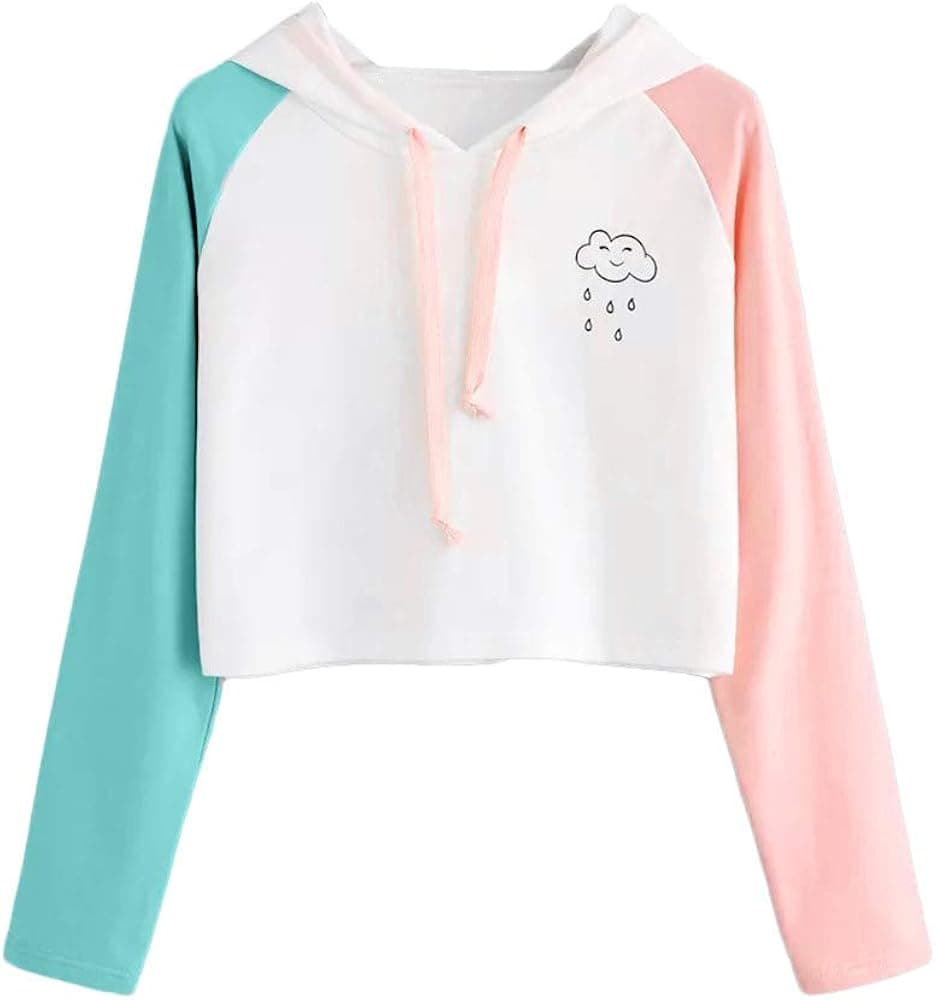 LISTHA Cute Cloud Hoodie Women Crop Tops Long Sleeve Hooded Pullover Sweatshirt