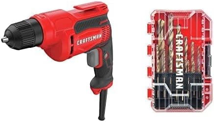 CRAFTSMAN Drill/Driver, 7-Amp, 3/8-Inch with Drill Bit Set, Gold Oxide, 14-Piece (CMED731 & CMAM2214)