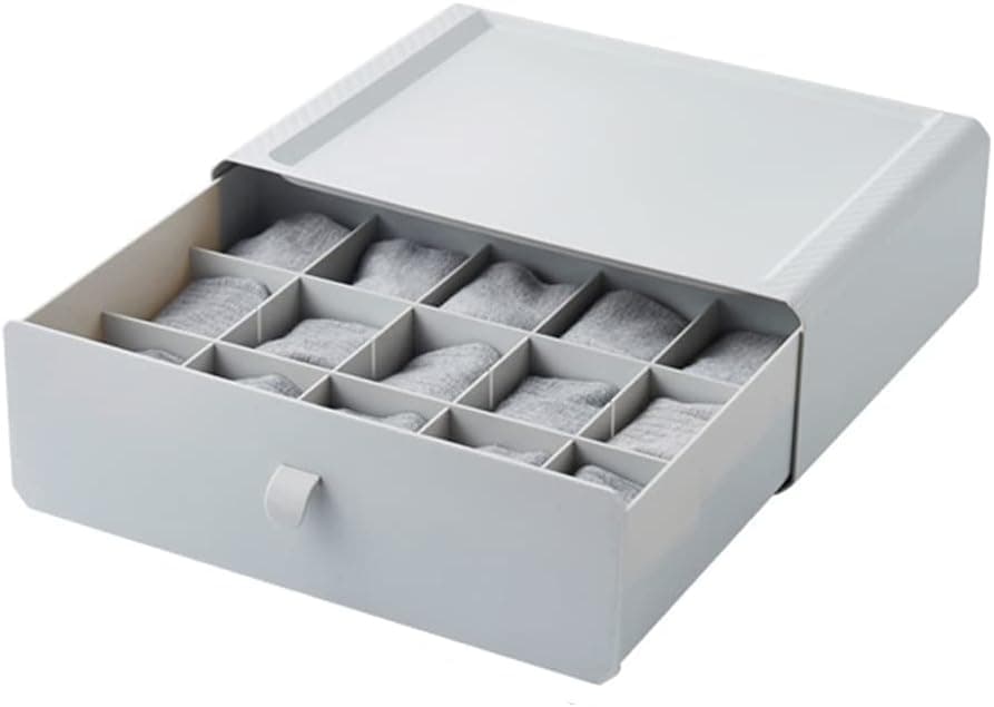Tynulox Plastic Underwear Drawer | Wardrobe Socks Oragnizer with Adjustable Compartment | Grey Storage Bin for Bra, Socks, Underwear, Ties, Cable, Decor, 15 Cell