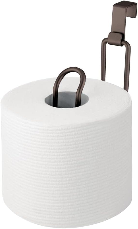 mDesign Metal Over The Tank Toilet Tissue Paper Roll Holder Dispenser and Reserve for Bathroom Storage and Organization - Hanging, Holds 1 Roll - Bronze