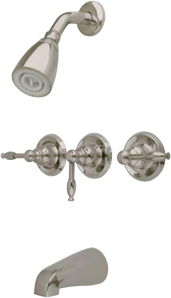 Kingston Brass KB238KL Tub and Shower Faucet with Three Lever Handle, Brushed Nickel,5-Inch Spout Reach