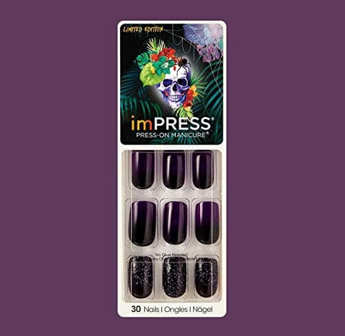 Impress by Kiss (1) Pack Press-On Gel Manicure Halloween Limited Edition 30 False Nails including Accents - Purple & Black Ombre Effect Nails and Multi-Color Glitter Accents - Overflowed #80089