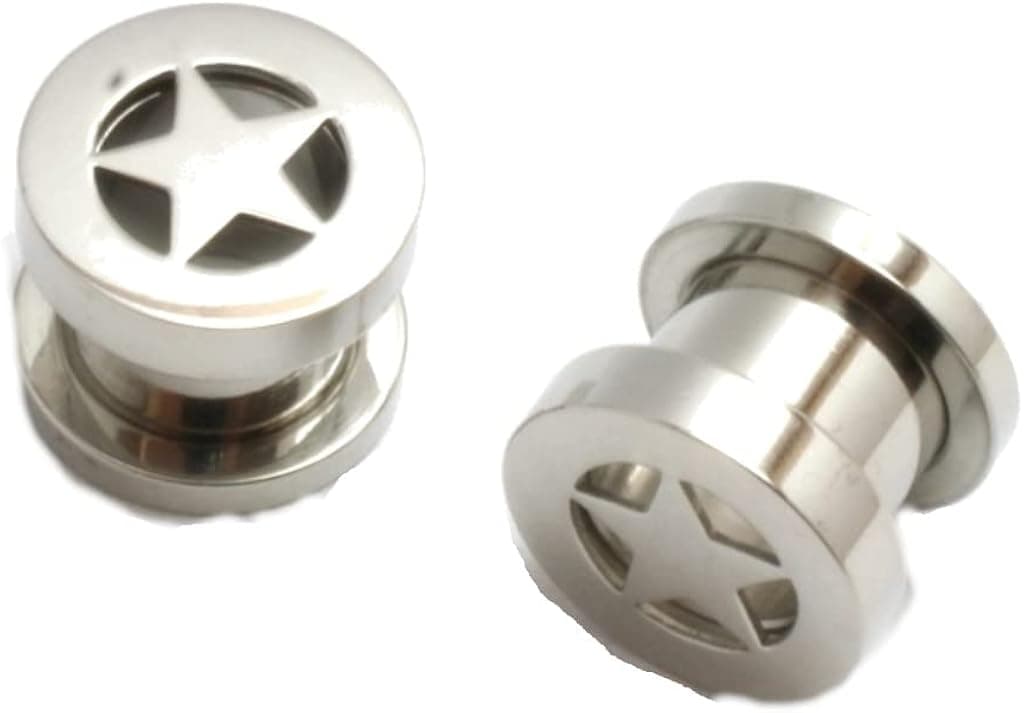 Zaya Body Jewelry Pair of 316L Surgical Steel Star Ear Plugs Tunnels Gauges Screw On Sizes 00g-8g
