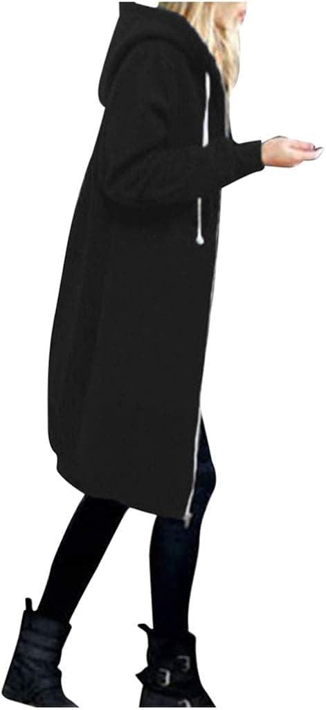 Womens Hoodies Coat Fall Winter Warm Pockets Drawstring Zipper Open Thin Hooded Jackets Long Cardigans Tops Outwear