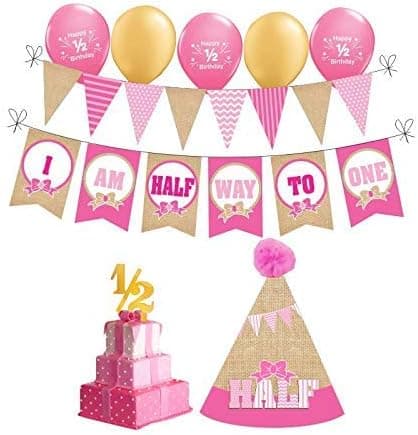1/2 Birthday Girl Photo Prop. 6 Month Birthday Girl. Burlap Themed Birthday. Includes Birthday Bunting Banners, 1/2 Birthday Balloons, Birthday Hat and Cake Topper (Pink & Burlap)