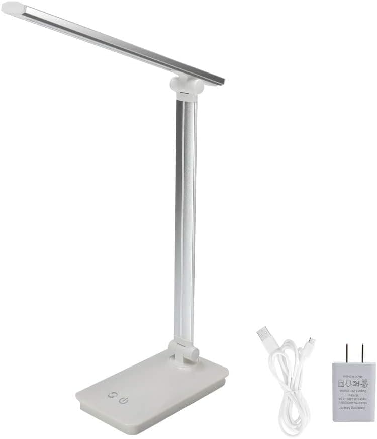 AFORTLO LED Desk Lamp,Study Lamp with USB Charging Port,Metal Book Reading Light for Dorm Office(5 Color Dimmable, 3-Level Brightness Dimmer), Touch-Sensitive Control with UL Adapter(Silver)