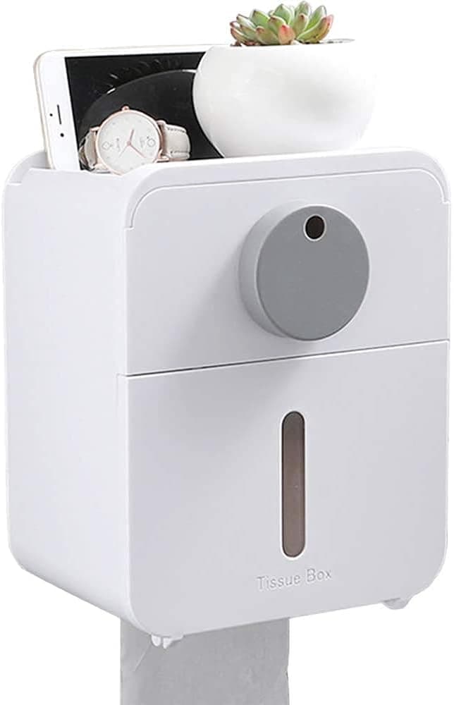 RICA-J Toilet Paper Holder with Storage Drawer, Bathroom Tissue Box Wall Organizer Waterproof (White)