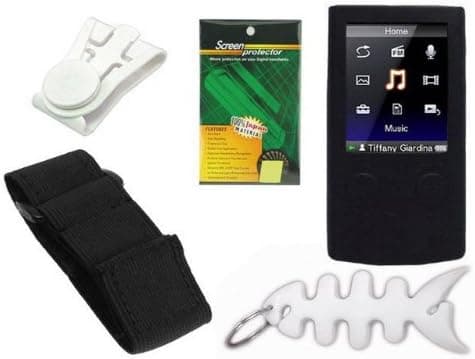 Black Durable Flexible Soft Silicone Skin Case + Premium Reusable LCD Screen Protector + Elastic Armband + Belt Clip + Fishbone Style Keychain for Sony Walkman NWZ-E344 / E345 Series Mp3 Player by TPA