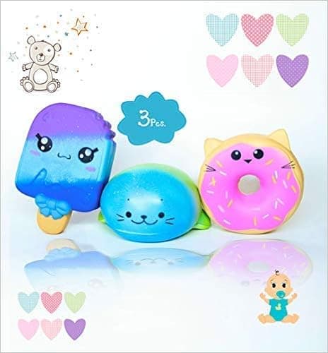 Palm Blue Jumbo Squishies [3 Pack] Ultra Soft & Slow Rising Kawaii Toys | Cat Donut, Galaxy Ice Cream, Whale Cat Squeeze Stress Relief Toy Kids & Adults