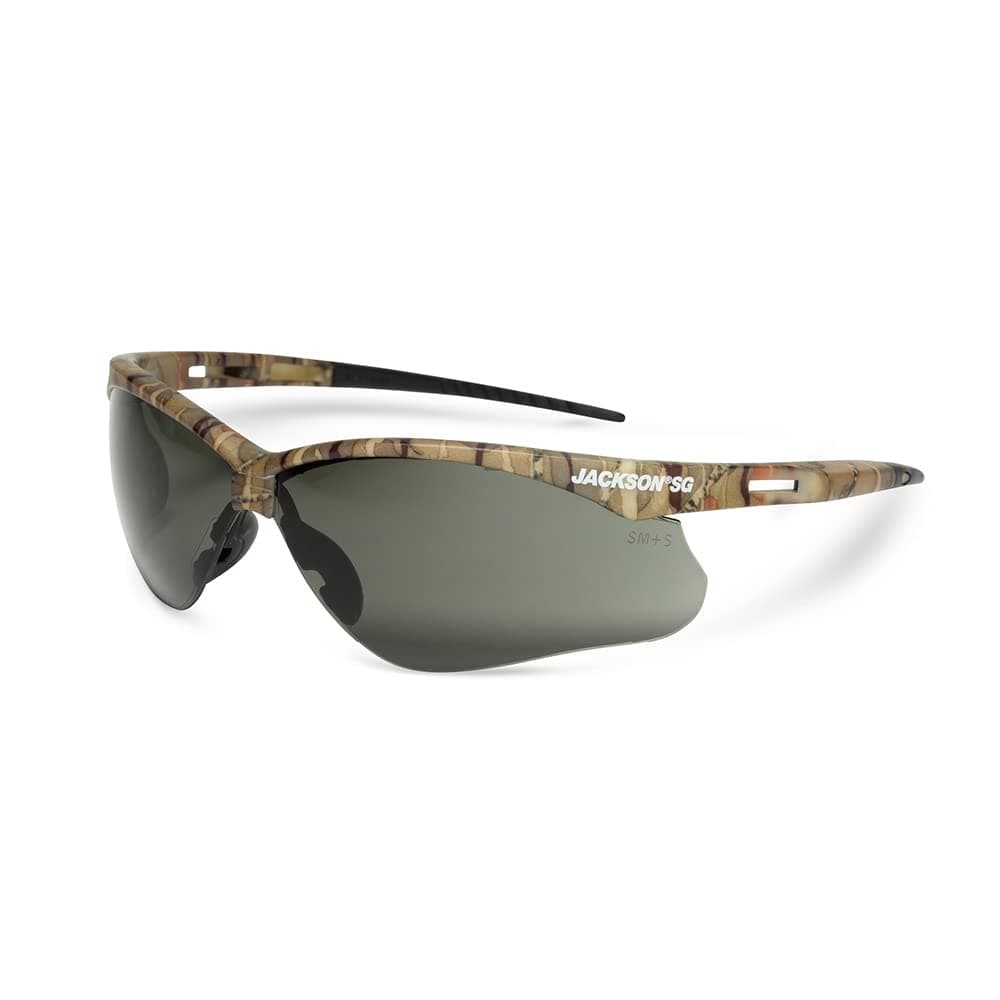 Jackson Safety Lightweight, Ultra-Strong, SG Safety Glasses with Soft Touch Temples and Flexible Nose Piece, Outdoor Use, Anti-Scratch Coating, Smoke Lens, Camo Frame, 50015 (Pack of 12)