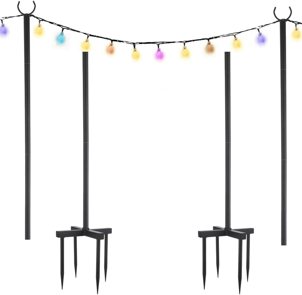Outside String Light Poles,(1X 8.3ft)Height Adjustable Metal Stand Pole with Hooks for Hanging String Lights,Garden, Backyard, Patio Lighting Stand for Parties, Wedding (Black2, 2 Pack)