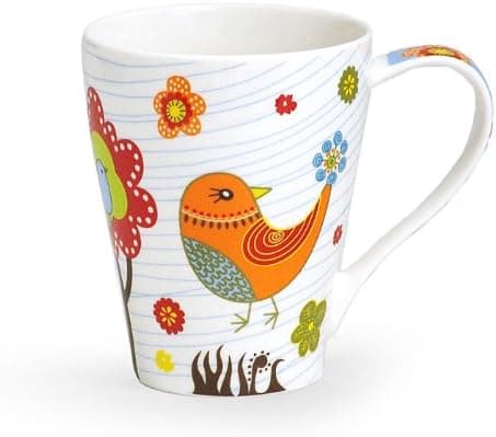 Whimsical Bird & Flower Bone China Coffee Mug with Matching Gift Box Bright Design