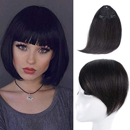Side Bangs Clip in Bangs Real Human Hair One Piece Clip on Bangs Fringe Extensions Fashion Side Bangs Hairpiece For Lady Girl Women (#1B, Natural Black)