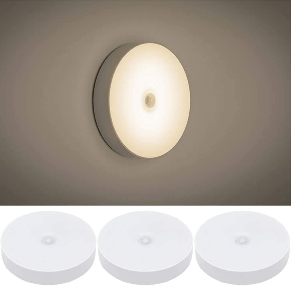Lvyinyin Rechargeable Automatic PIR Motion Sensor LED Tap Lights, Cordless Battery Operated Under Cabinet Puck Lighting, Magnetic Adhesive Stick On Anywhere Wall Lamp, USB Night Light, 3Pack, 4000K