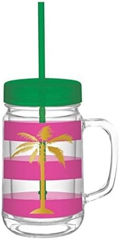 Palm Tree Acrylic Mason Jar with Lid and Straw (24 oz, Gold, Pink and Green)