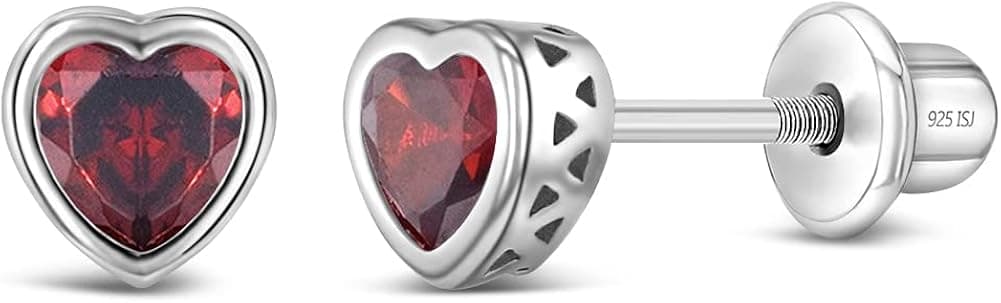 925 Sterling Silver 5mm Girls CZ Heart Earrings Simulated Birthstone Bezel with Screw Back Stud Baby Earrings - Safety Screw Back for Toddlers - Quality Heart Cubic Zirconia Earrings for Kids