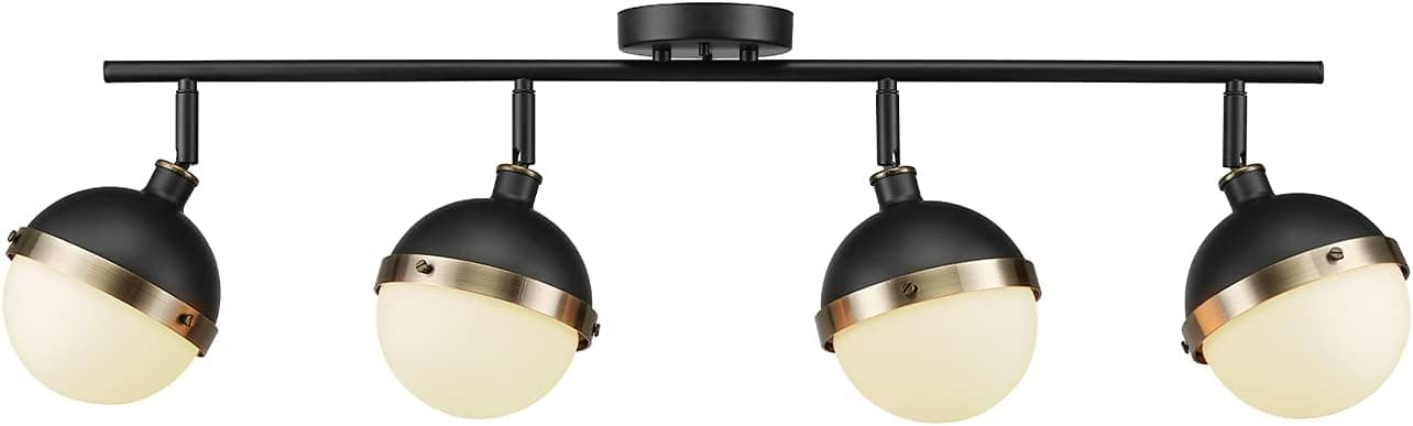Globe Electric 59509 Bari 4-Light Track Lighting, Matte Black, Antique Brass Accents, Frosted Glass Shades, Bulbs Included