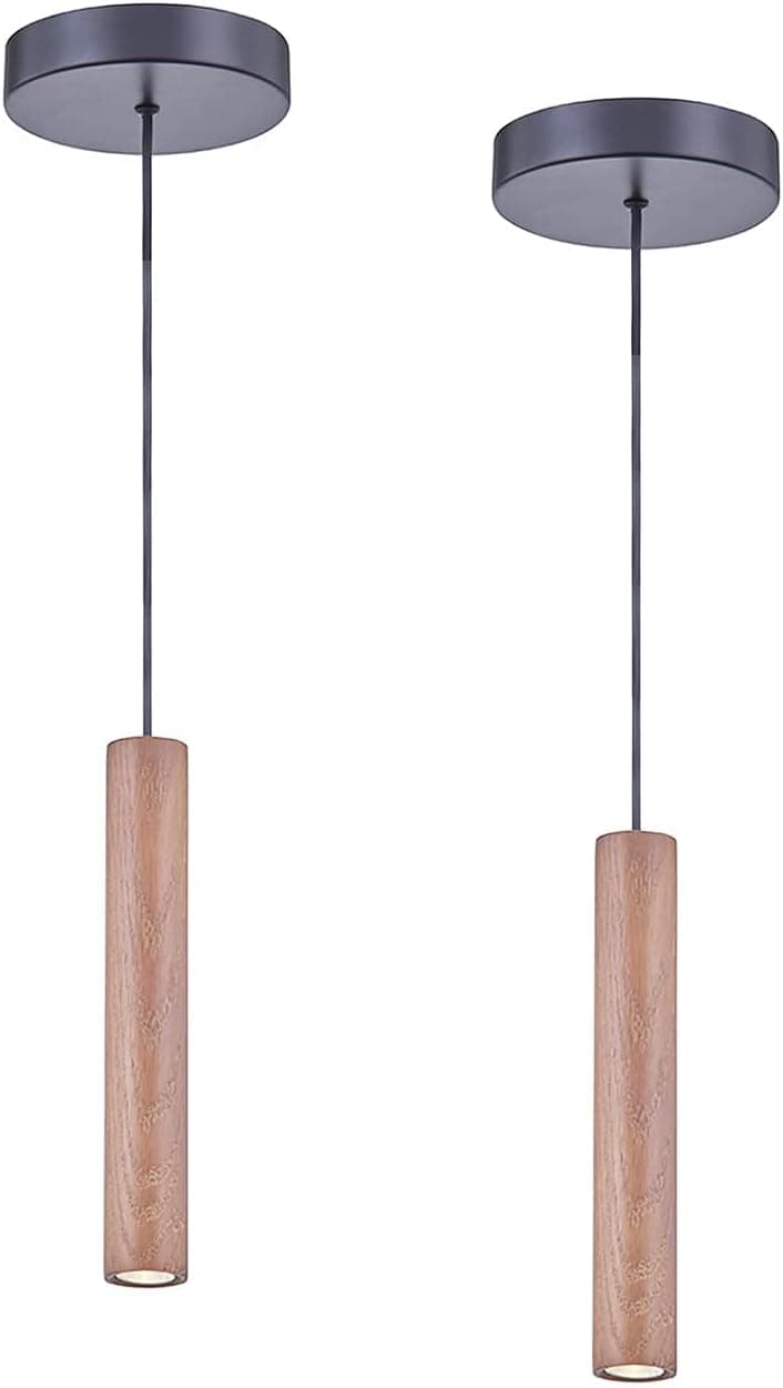 Pendant Light Fixtures, 2Pack LED Wood Cylinder Pendant Light, Modern Farmhouse Light Fixtures Ceiling Hanging Lamp, Small Pendant Lighting for Kitchen Island, Dining Room, Bar, Restaurant - Dark Oak
