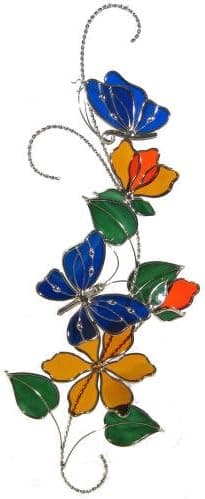 Stained Glass Blue Butterfly Scroll Hanging Suncatcher -16 inches Long Silver Finish