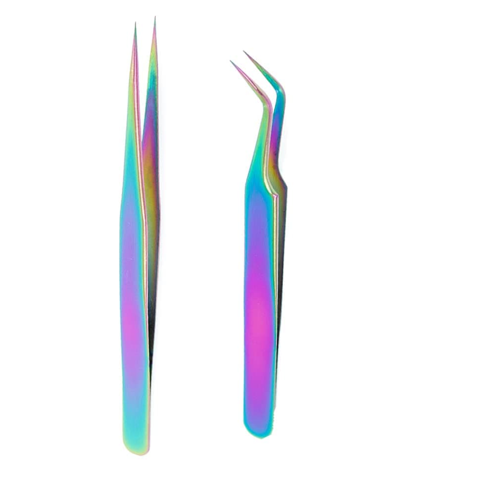 2 PCS Stainless Steel Eyelash Tweezers Nippers for Eyelash Extensions Straight and Curved Tweezers for Crafits Rhinstoe Picker Eyelash Applicator Nail Art Sticker DIY Tool (Color)