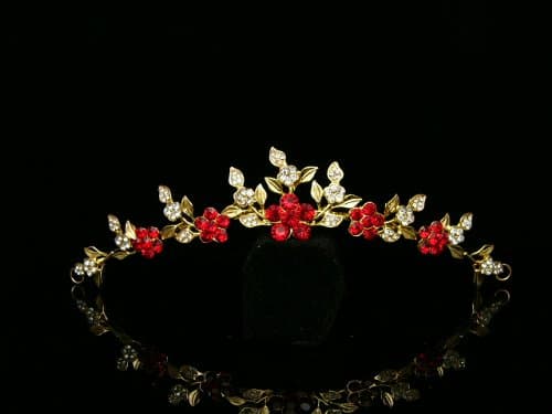 Rhinestone Crystal Flower Bridal Wedding Bridesmaid Tiara Comb - Red Crystals Gold Plating