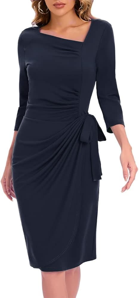 DOUEBSE Women's Summer wrap Dress, Retro V-Neck 1950's Knee-Length Slim Dress, Business Casual Party Ruffle Dress