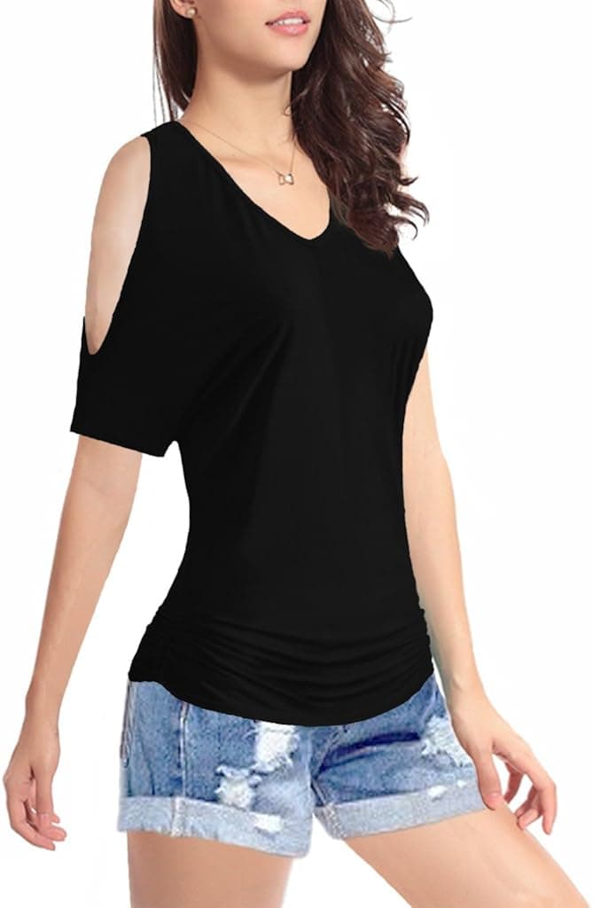 Women's Short Sleeve Shirt V-Neck Drape Waist Blouse Tops (Small, Black)